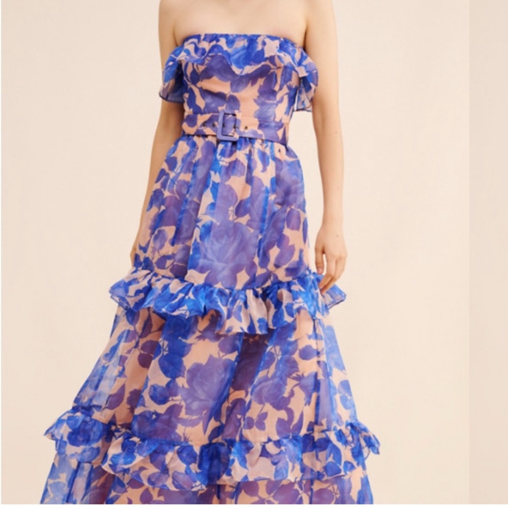 Anthropologie Blue Tiered Strapless Ruffle Maxi Dress $258